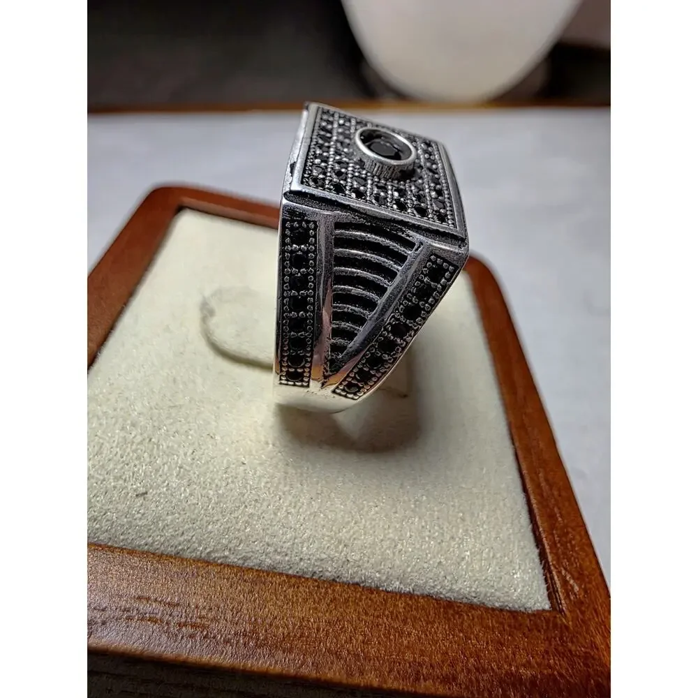 S10 Black Onyx Pavé Signet Ring 925 Sterling Silver Stamped